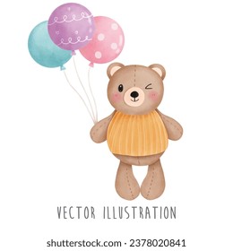 Baby girl bear with colorful balloons. Vector illustration
