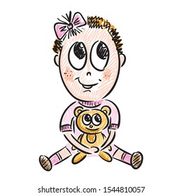 Baby girl with bear. Sketch. Vector illustration