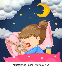 Baby girl in bed at night illustration