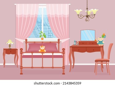 Baby girl bedroom. Room interior with bed, table, chair and window. Kid nursery with furniture in pink colors. Vector illustration.