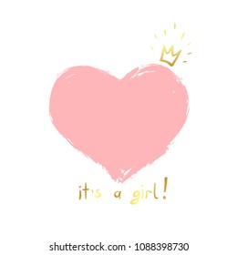 Baby girl birth announcement, baby card design with a pink heart and gold crown and message It's a Girl.