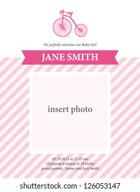 Baby girl birth announcement card template with bicycle illustration, baby shower