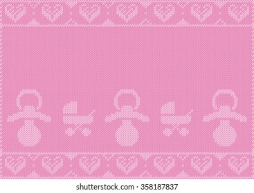 Baby Girl Birth announcement, Knitting Pattern, with little hearts, pacifiers, and a baby carriage. Useful for Postcards. Copy Space, Pink / Rosa