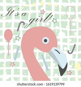 Baby girl Birth announcement. Baby shower invitation card. Cute Pink Flamingo Bird announces the arrival of a baby girl. Retro Card Design. Blue Background with festive balloons, ribbons and stars.