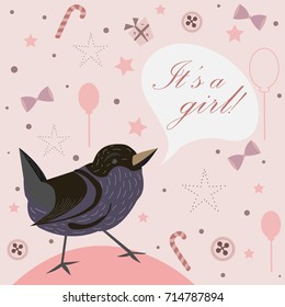 Baby Girl Birth announcement. Baby shower invitation card. Cute Bird announces the arrival of a baby girl. Card Design with message. Pink Background with festive balloons, bubbles, bows, candy, etc. 