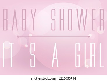 Baby girl birth announcement/baby shower card design with gold message It's a Girl and transparent pink and orange watercolor bubbles in the background.
