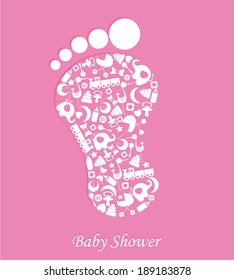 Baby girl birth card. foot with baby icons