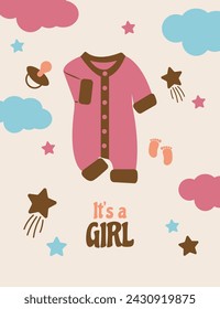 Baby girl birthday card, invitation or poster design. Baby overalls, legs, pacifier. Clouds and stars in the background. Caption It's a girl