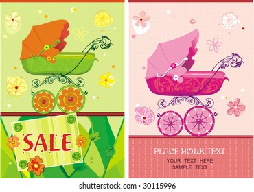 Baby girl birthday floral arrival announcement card over light pattern. Illustration of a pram for a tot.