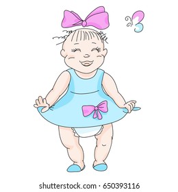 baby girl in a blue dress, pink bow on the head, style cartoon, sketch, vector illustration