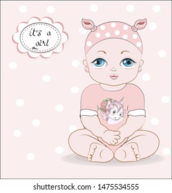 the baby girl with blue eyes, sits in a pink Bodysuit with unicorn print, it;s a girl.  The picture in hand drawing style, can be used  for t-shirt print, wear fashion design, greeting card, baby show
