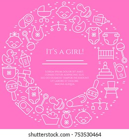 Baby girl born pink banner with pictograms of different newborn and motherhood elements and accessories collected in form of circle. Vector illustration of outline icons with editable stroke.