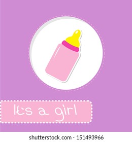 Baby girl bottle. Shower card. Vector illustration