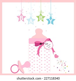 Baby girl bottle and soother vector greeting card 