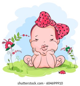 baby girl with bow on her head, sleeping in the nature