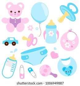 Baby girl and baby boy accessories. Vector illustration set.