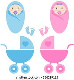 baby girl, baby boy and baby carriage