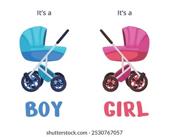 Baby girl boy carriage. Newborn infant carriages, pink and blue strollers. Safety transportation for children. Baby shower elements nowaday vector set