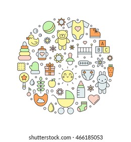 Baby (girl and boy) cute multicolored outline vector circle background. Clean and simple design.