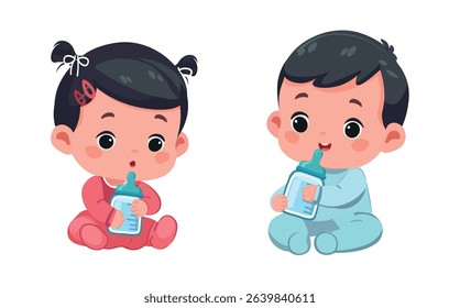 Baby Girl and Boy Drinking Milk from Bottles – Cartoon Vector Illustration