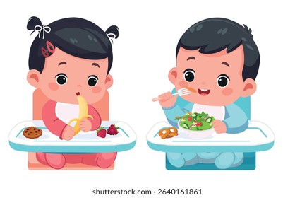 Baby Girl and Boy Eating Fruits, Vegetables, and Cookies – Cartoon Vector Illustration