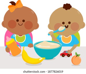 A baby girl and a baby boy are eating their breakfast of cereal and fruits. Vector illustration
