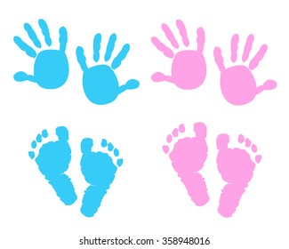 Baby Girl, Baby Boy Hand And Foot Print Vector