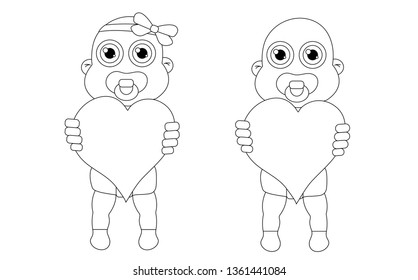 Baby girl and boy with hearts outline. Stock vector isolated illustration