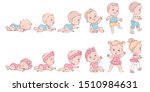 Baby girl and boy in row. Set of child health and development icons in line. Scale of baby growth from newborn to toddler. First year milestones. Cute  kid of 1-12 months. Vector color illustration. 