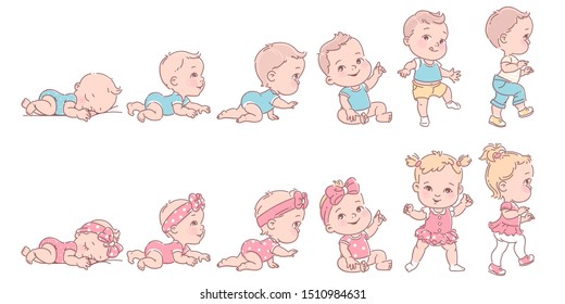 Baby girl and boy in row. Set of child health and development icons in line. Scale of baby growth from newborn to toddler. First year milestones. Cute  kid of 1-12 months. Vector color illustration. 