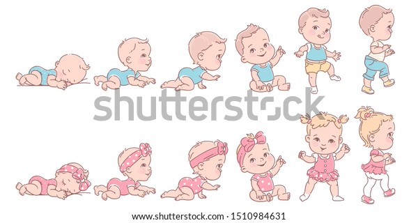 女の子と男の子が並んでいる 子の健康と開発のアイコンのセットをラインで示します 新生児から幼児までの赤ちゃんの成長 の規模 1年目のマイルストーン 1 12カ月の可愛い子 ベクター画像のカラーイラスト のベクター画像素材 ロイヤリティフリー