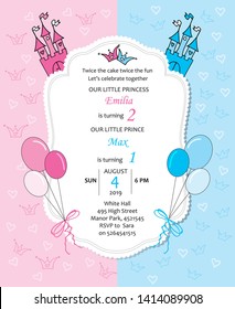 Baby girl and baby boy royal birthday invitation with balloons. Princess and prince birthday cards with castle and crowns. 