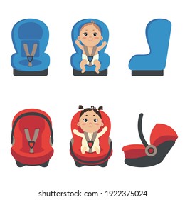 Baby girl and boy sitting in automobile seat. Set of car chair for baby from different angles. Side and front view of carseat. Vector illustration on white background. 