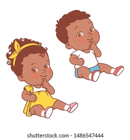 Baby girl and boy sitting on white background. Logo template for baby product. African american babies. Dark skin kids. Little baby of 6-12 months with blank frame. Color vector illustration.