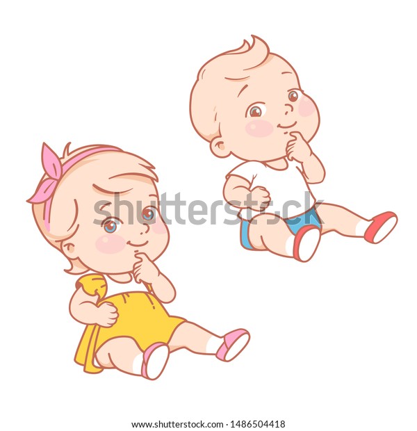 白い背景に赤ちゃんの女の子と少年 赤ちゃん製品のロゴテンプレート 子供の買い物 おもちゃ 服の会社のエンブレム 6 12カ月の小さな赤ちゃん で 額が空白 色のベクター画像イラスト のベクター画像素材 ロイヤリティフリー