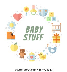 Baby (girl and boy) stuff flat multicolored cute vector circle frame. Modern 
minimalistic design (part two).