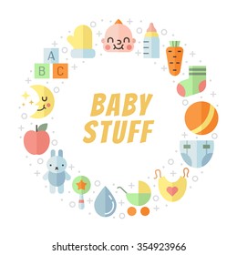 Baby (girl and boy) stuff flat multicolored cute vector circle frame. Modern 
minimalistic design (part one).