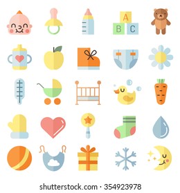 Baby (girl and boy) stuff flat multicolored cute icons vector set. Modern 
minimalistic design.