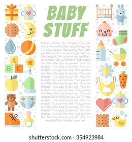 Baby (girl and boy) stuff flat multicolored cute vector background with place for your text. Modern minimalistic design.