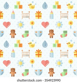 Baby (girl and boy) stuff flat multicolored cute vector seamless pattern. Modern 
minimalistic design. Part two.