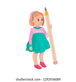 Baby girl in a bright color costume. The artist is going to draw a large simple pencil. Preschooler girl in drawing lesson. Character on a white background. Vector isolated object.