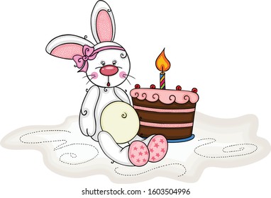 Baby girl bunny and birthday cake with one candle