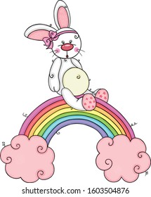 Baby girl bunny on rainbow with pink clouds

