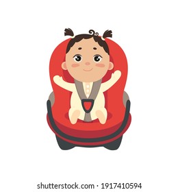 Baby girl in car chair. Cute little fastened girl sitting in automobile seat. Front view of carseat. Vector flat style illustration on white background. 