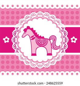 Baby girl card with beautiful pink horse vector illustration