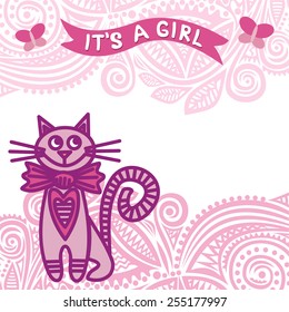 Baby girl card with beautiful pink cat vector illustration