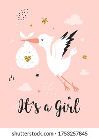 Baby girl card with cute stork. Nursery poster , hand drawn vector illustration