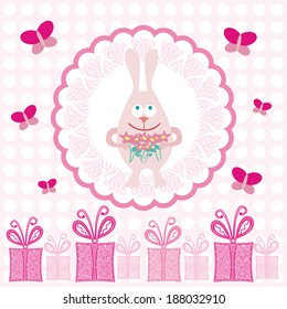 Baby girl card rabbit with flowers vector illustration