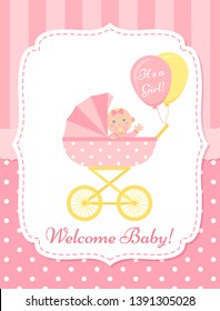 Baby girl card. Vector. Baby Shower invite banner. Pink design invitation. Cute birth party background. Welcome template. Happy greeting poster with newborn kid and pram. Cartoon flat illustration.