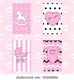 Baby girl cards set. Four different pictures and backgrounds cards on the light pink background.
